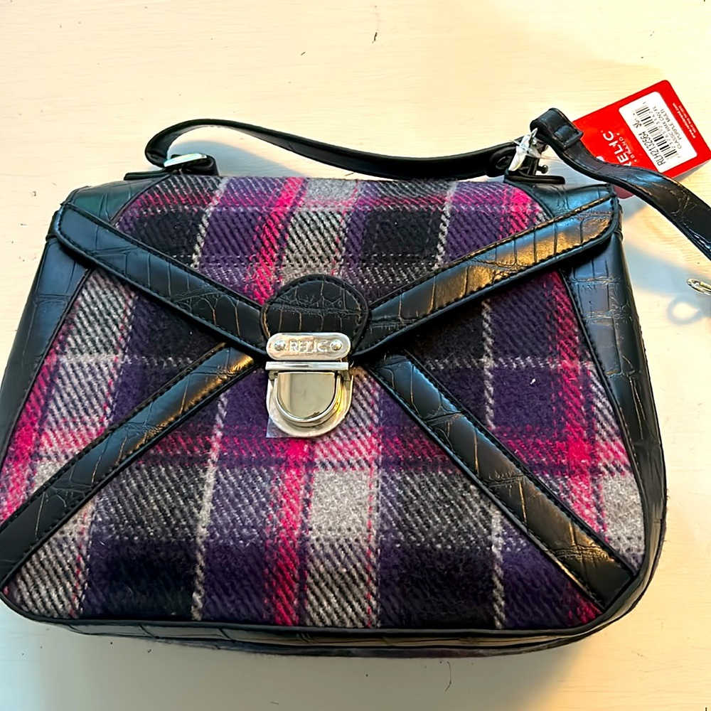 Relic purple multi plaid fabric/faux leather satchel/shoulder bag, silver accent - Picture 1 of 9